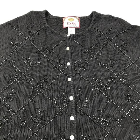 TIARA Embroidery Knit Cardigan Women XL Black Retro Nostalgia VTG Clasic Holiday - Picture 4 of 9